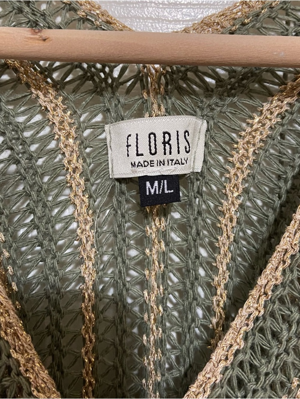 Floris Sage Green Metallic Gold Shimmer Knit Scalloped Edge Maxi Beach Cover Up - Picture 7 of 9